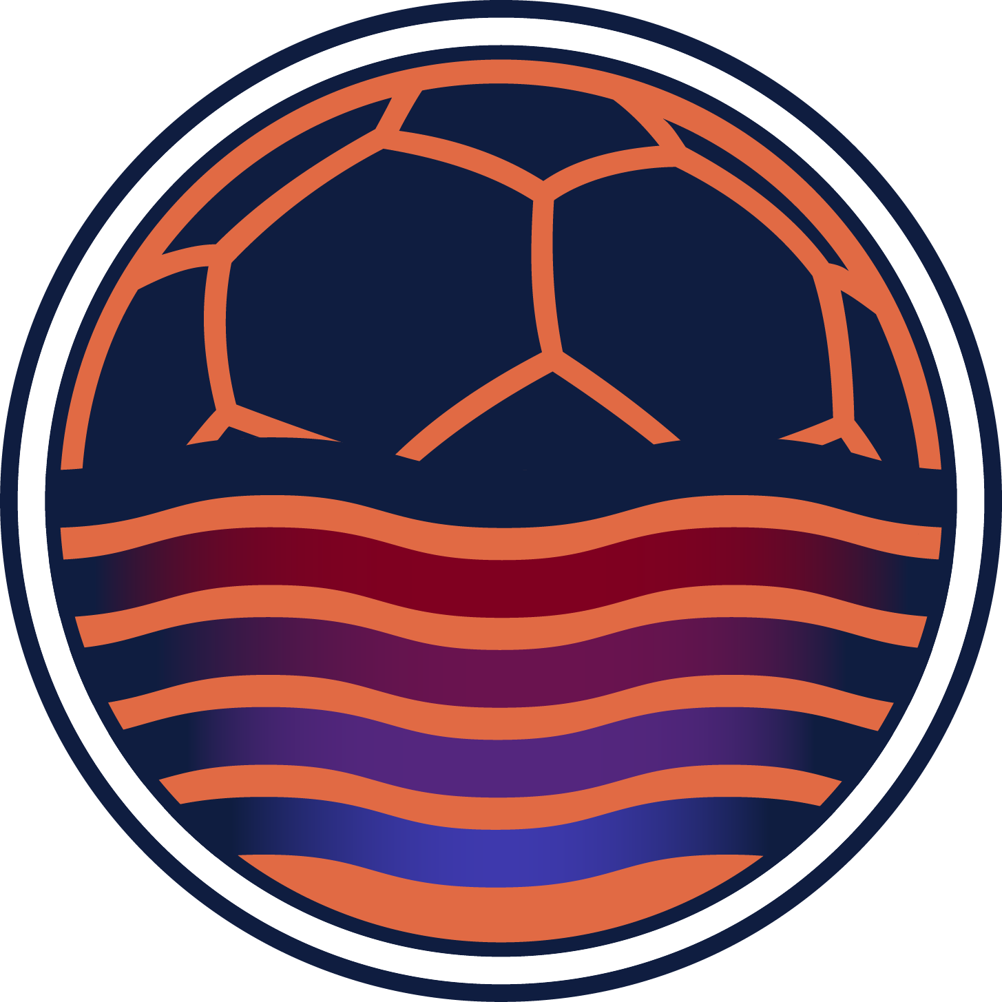 soccer ball club logo with navy orange red pink purple and blue waves